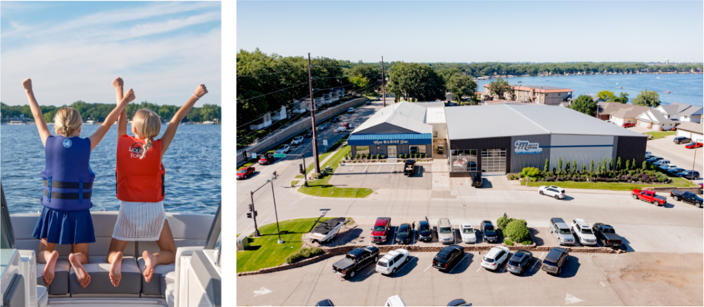a graphic for boat sales by Mau Marine in Okoboji Iowa